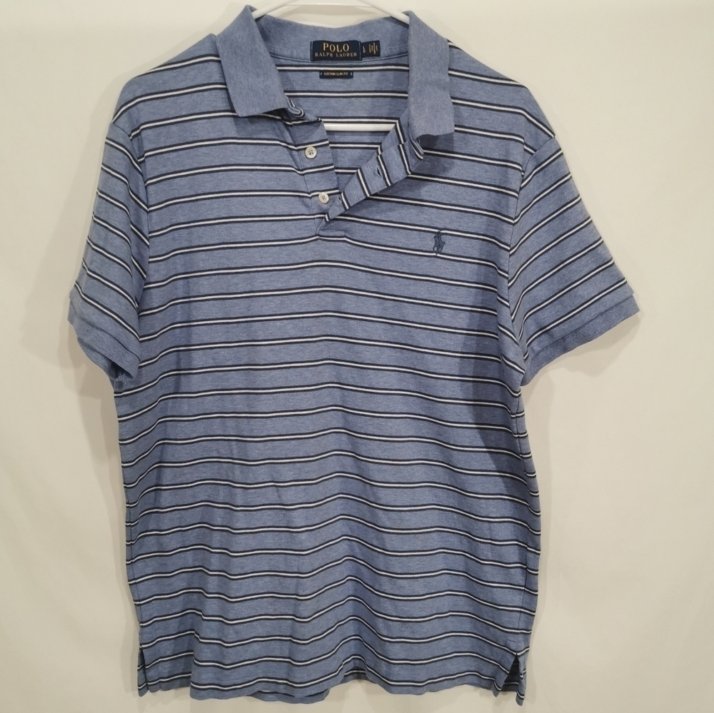 Men's Polo by Ralph Lauren Blue Striped Polo Shirt - Sz L